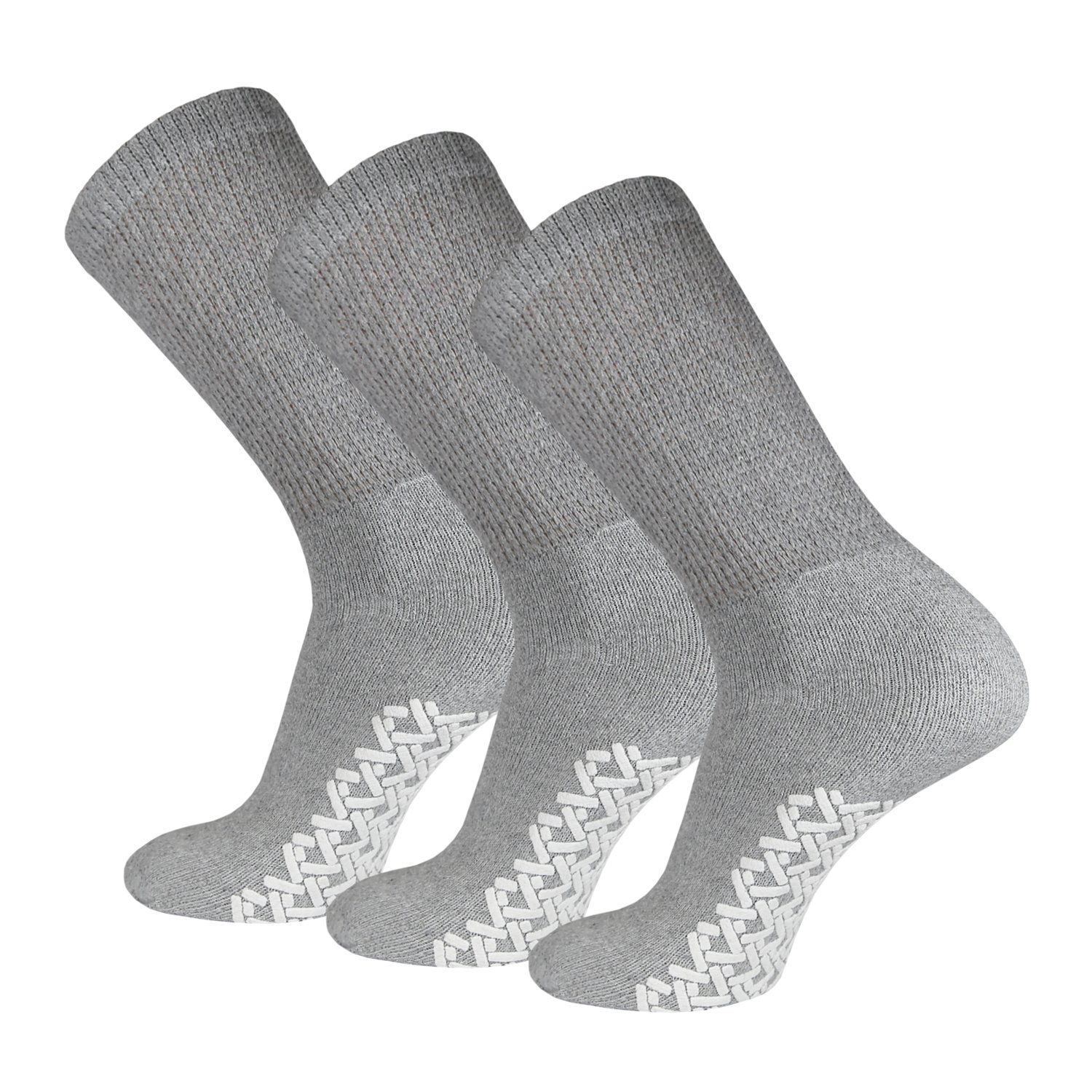 3 Pairs of Non-Skid Diabetic Cotton Crew Socks with Non Binding Top (Gray)